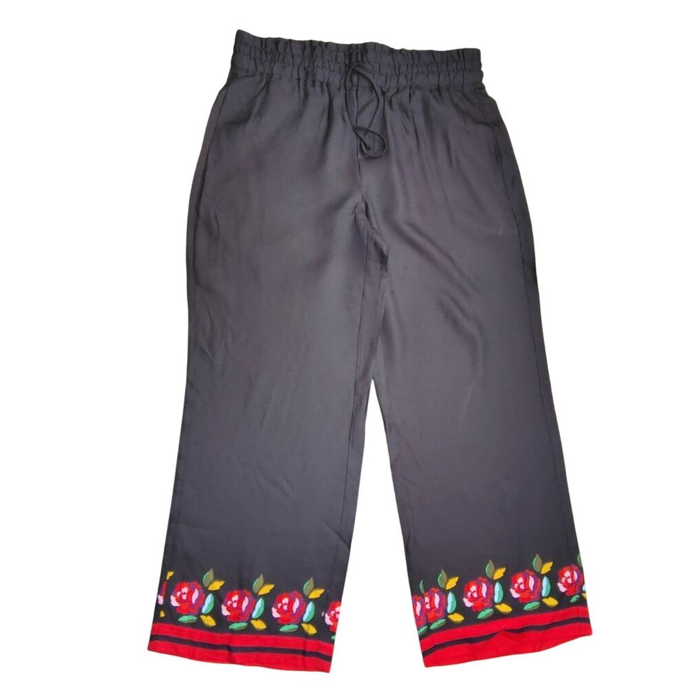 Kate Spade Rose Border Silk-Blend Wide Leg Pants Medium Black Red